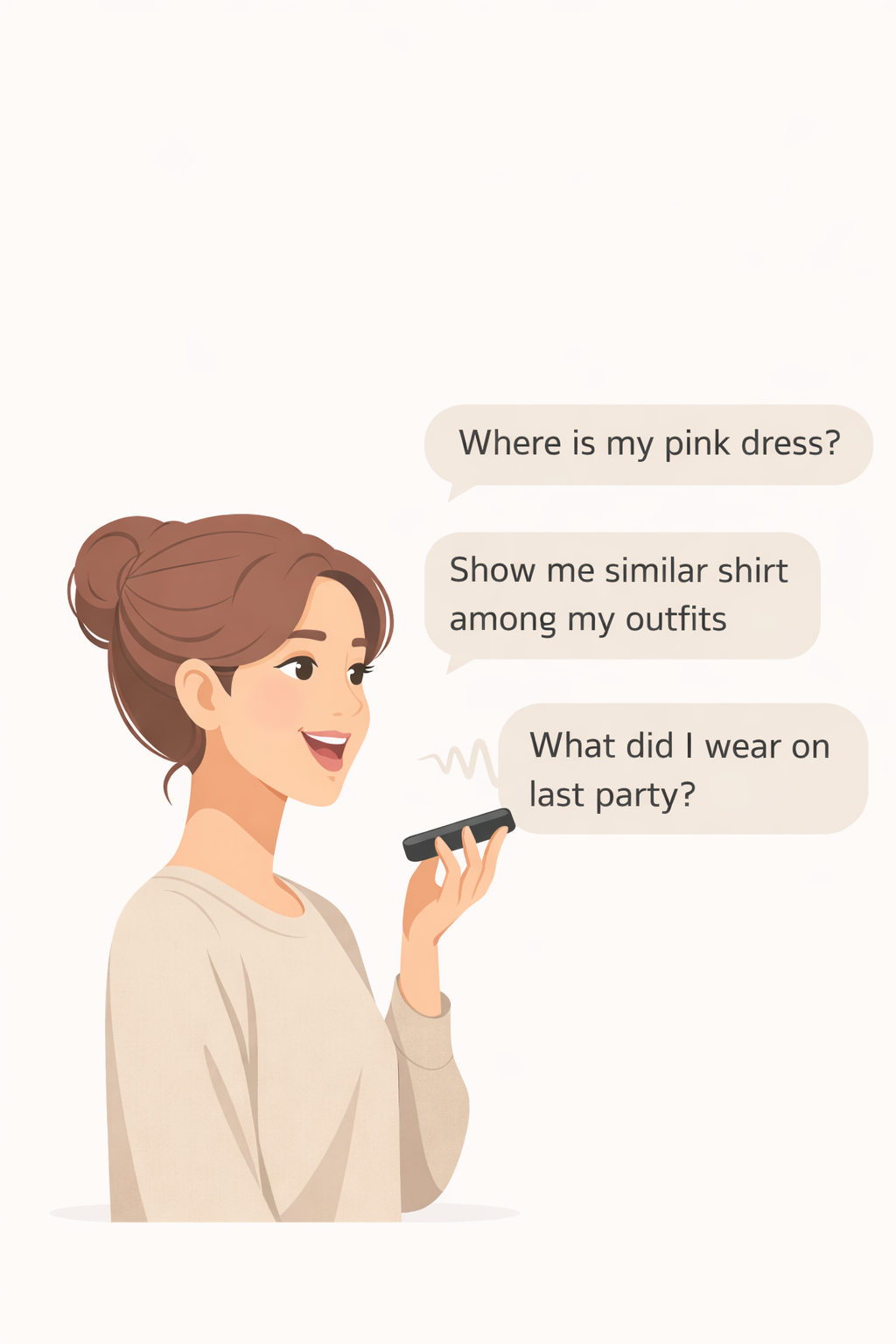 Woman talking to AI voice assistant asking about her wardrobe