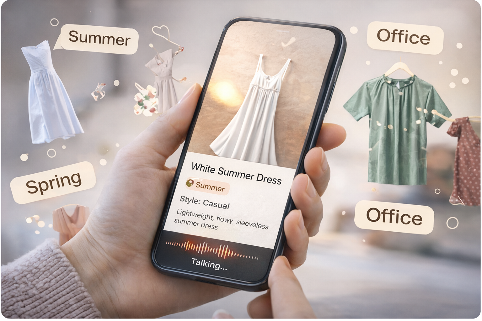 Hand holding phone with AnyWardrobe AI voice assistant cataloging a white summer dress