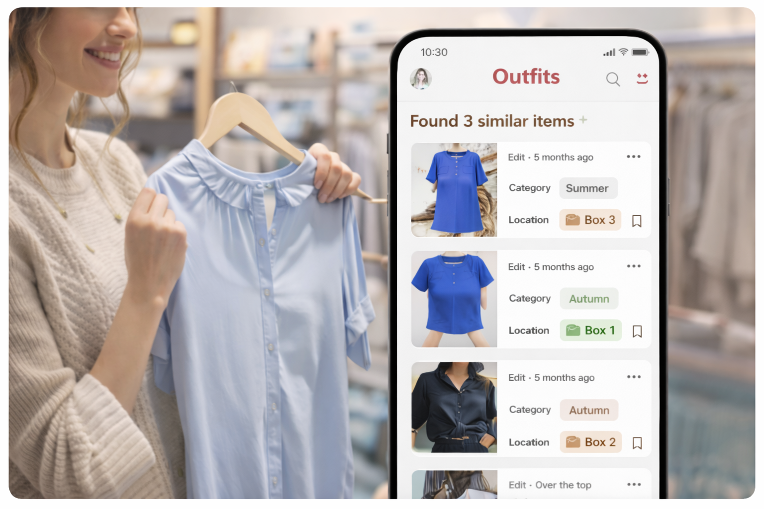 Woman holding a shirt while AnyWardrobe shows similar items from her wardrobe