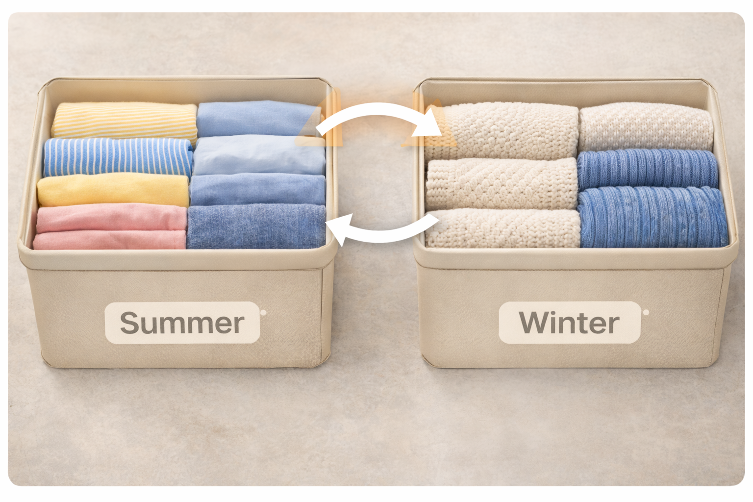 Summer and Winter storage boxes with neatly folded clothes and swap arrows