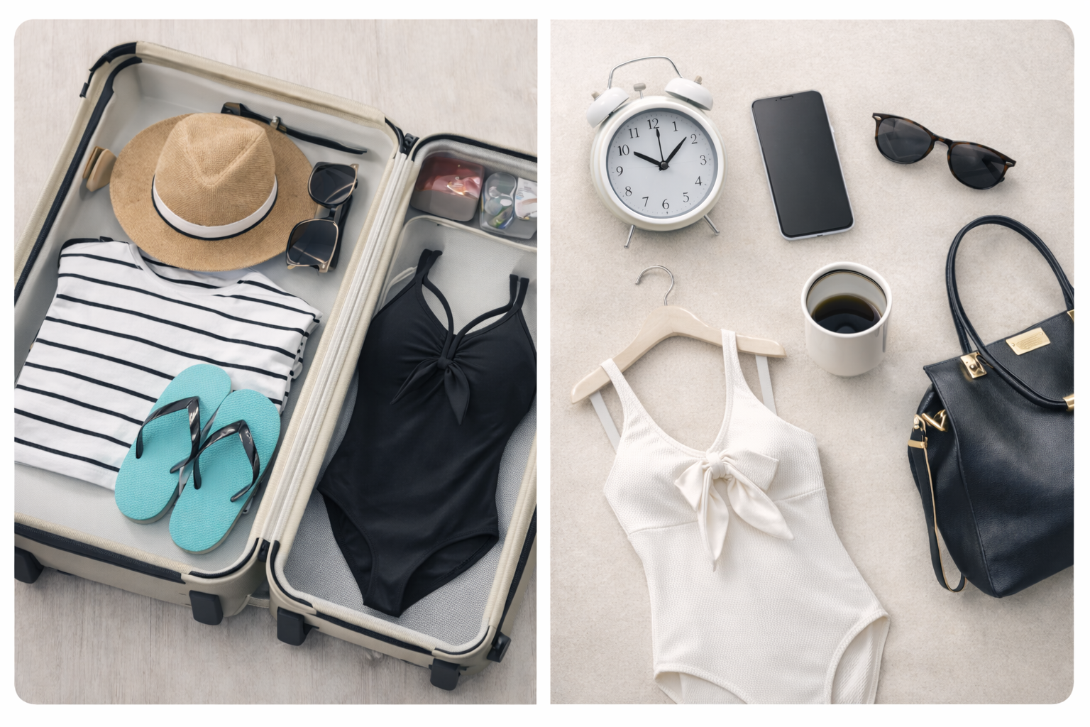Packed suitcase and morning outfit flat-lay ready to go