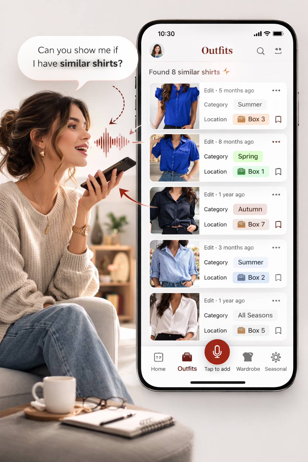 Woman using AnyWardrobe voice assistant to find similar shirts