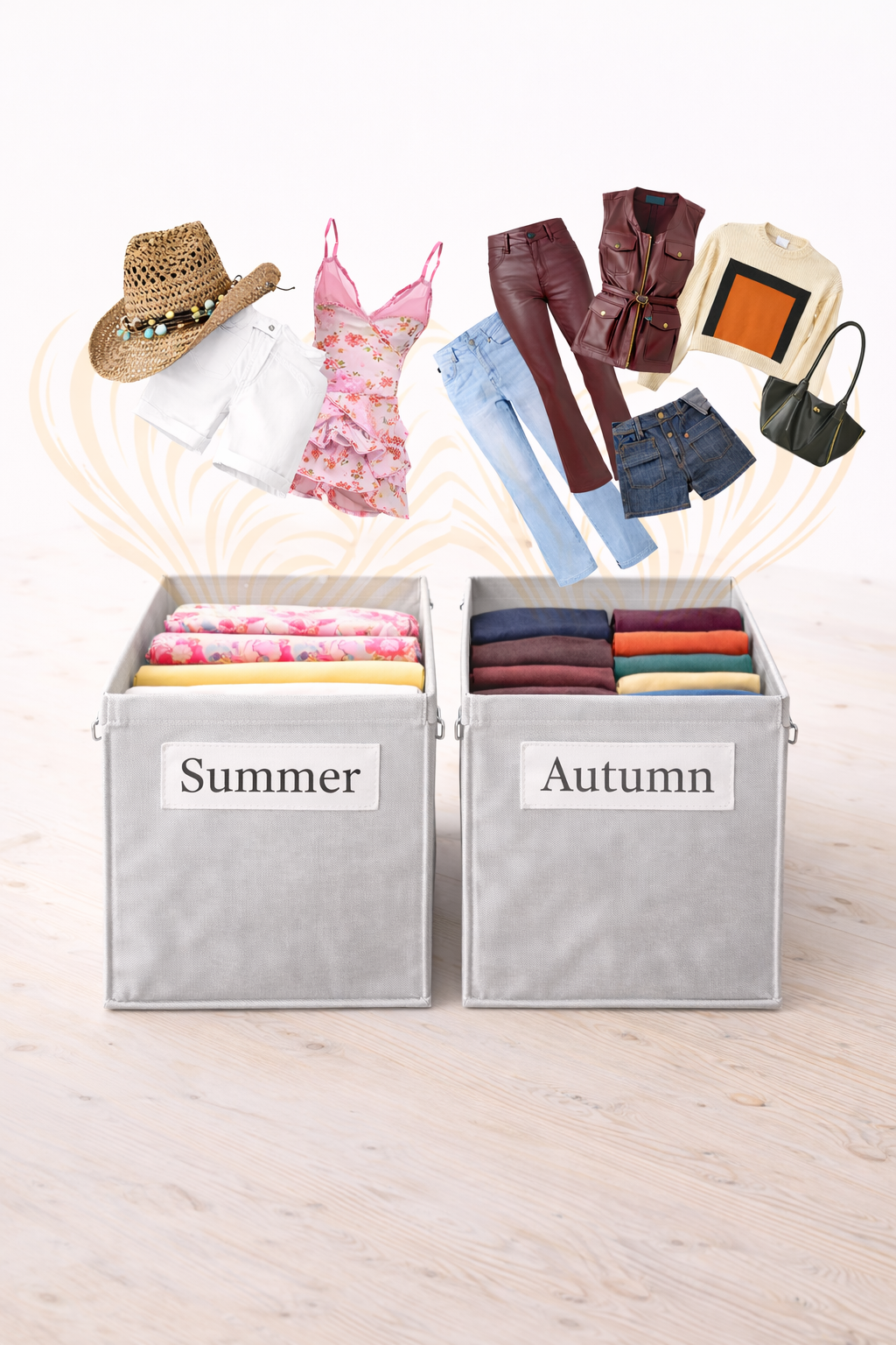 Summer and Autumn storage boxes with clothes being sorted in