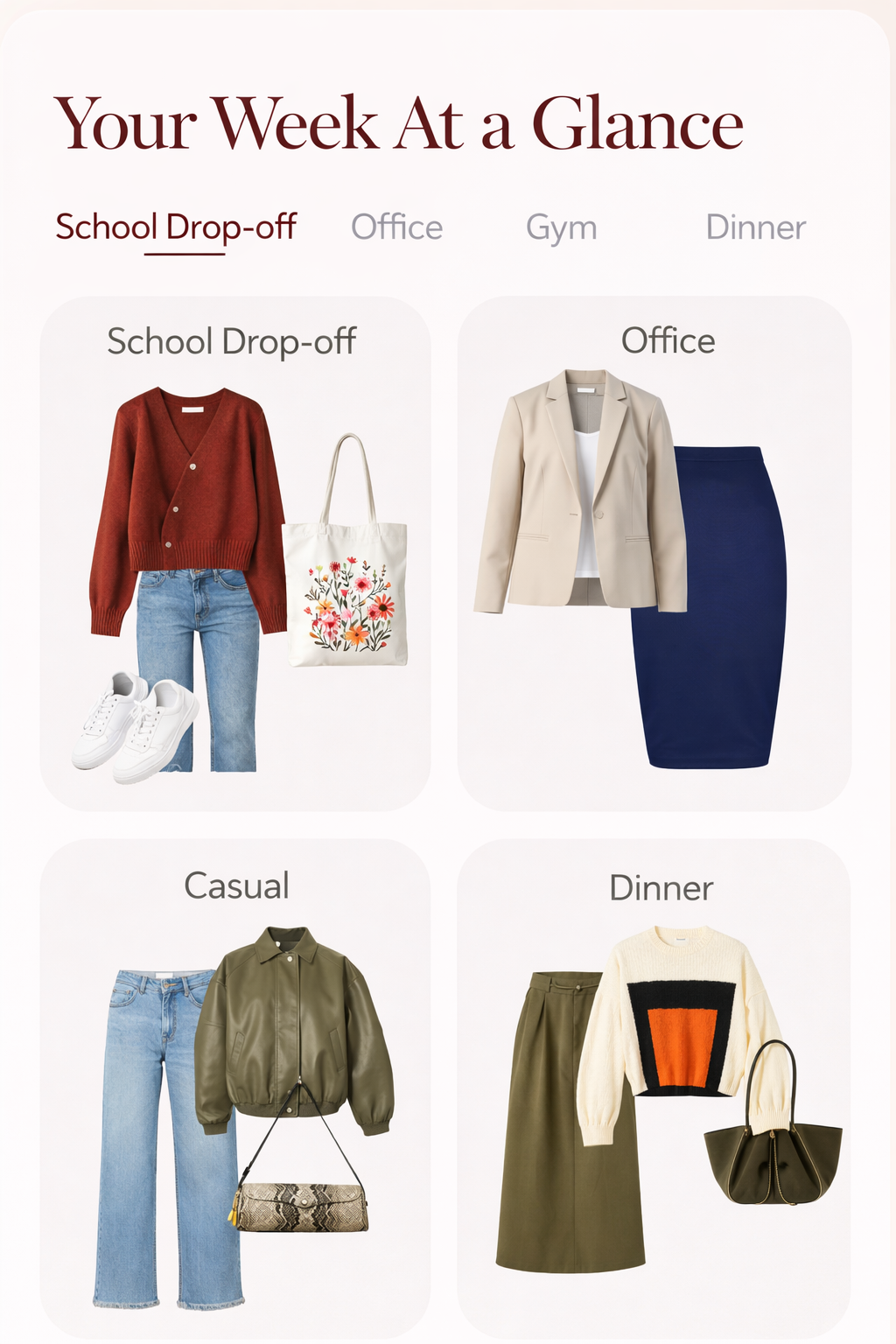 Weekly outfit planner showing looks for school drop-off, office, casual, and dinner